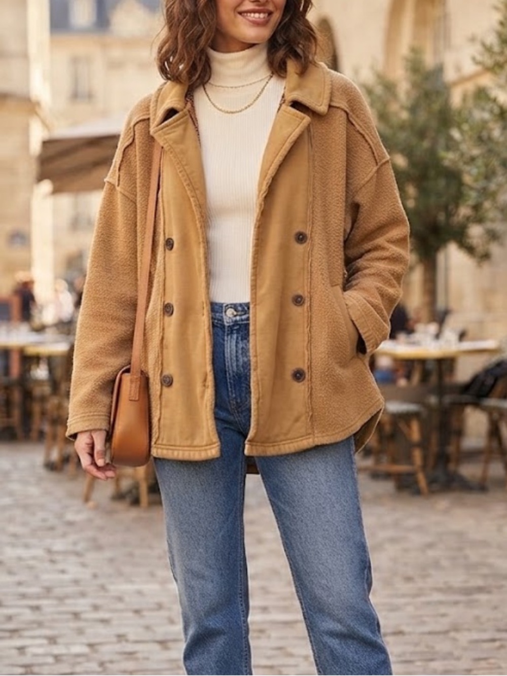 We The Free Tan Fleece Teddy Jacket with Shawl Collar
